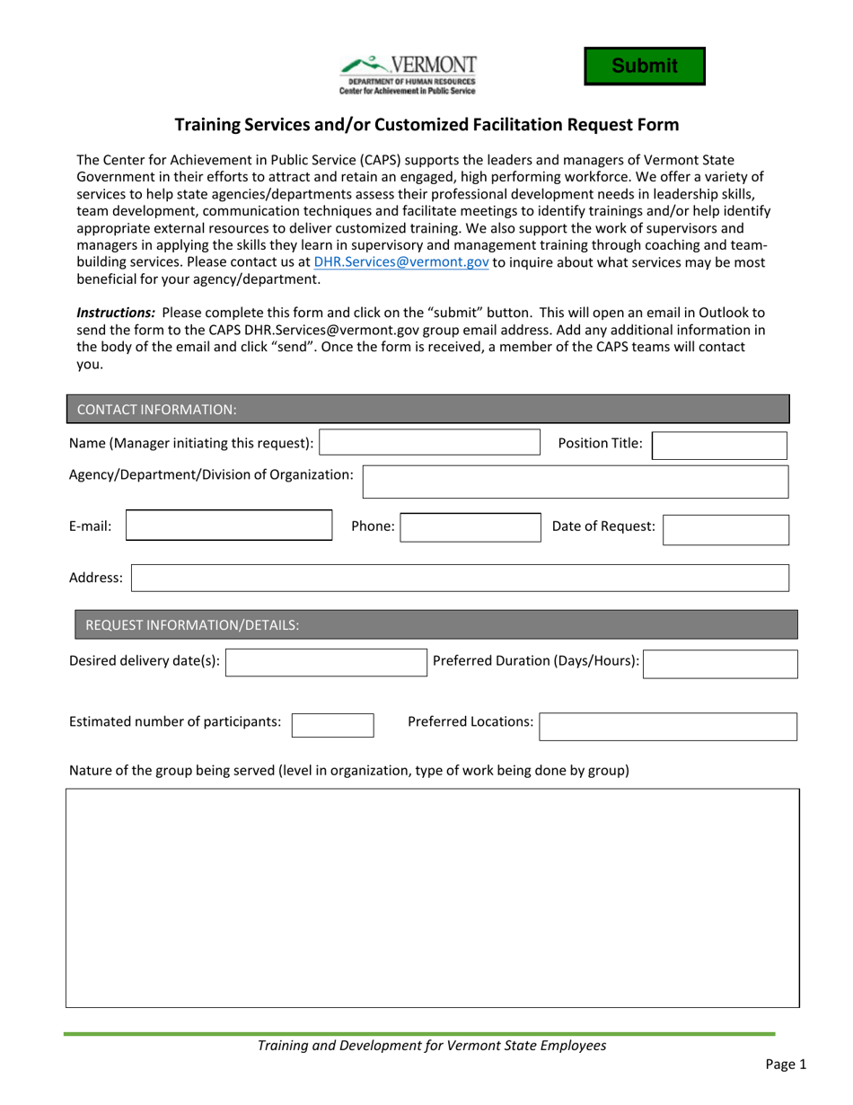 Training Services and / or Customized Facilitation Request Form - Vermont, Page 1