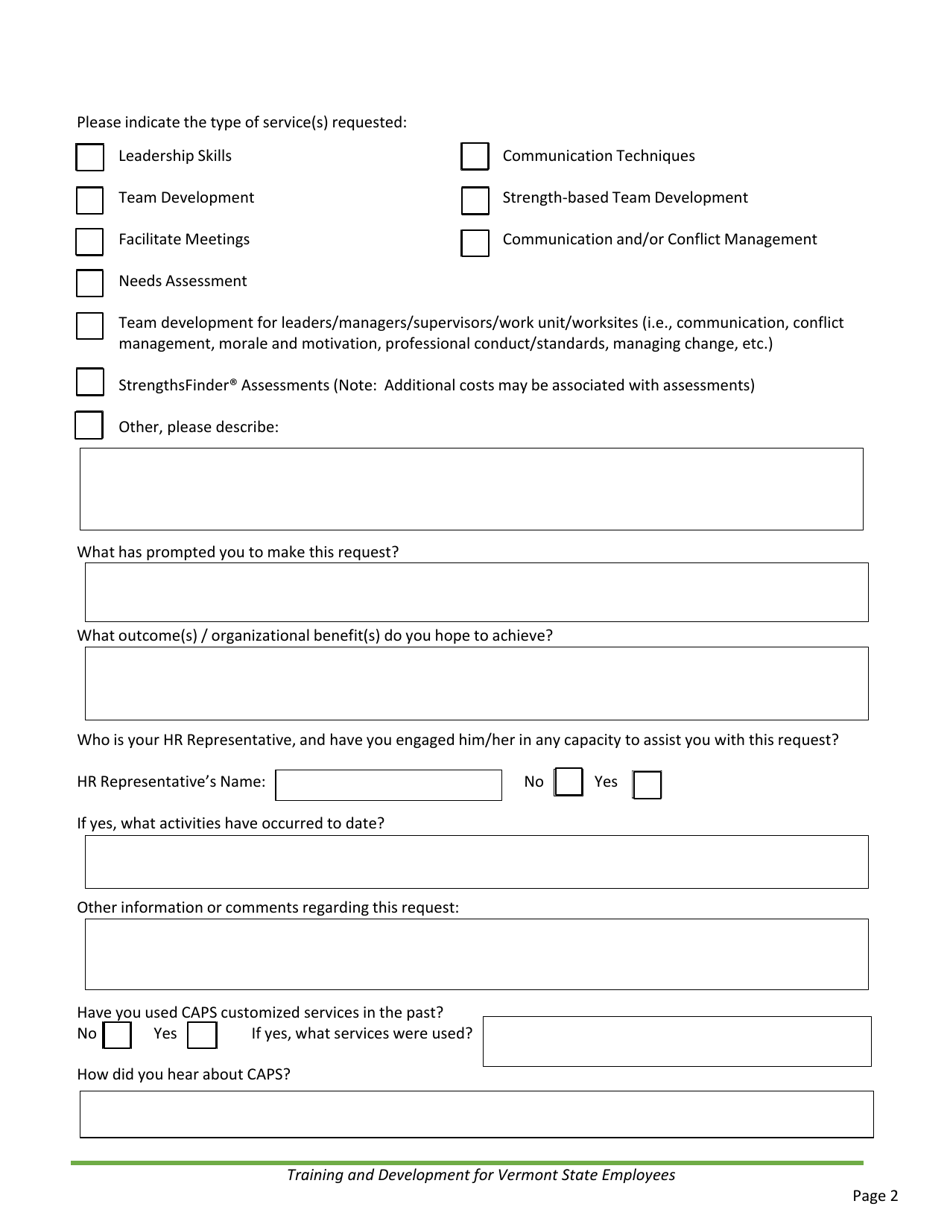 Training Services and / or Customized Facilitation Request Form - Vermont, Page 2