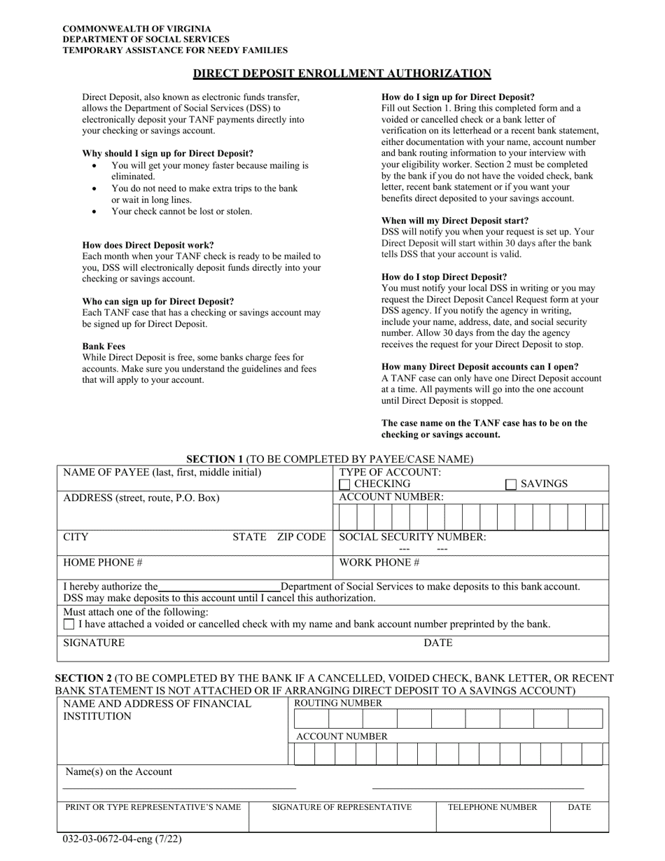 Form 032-03-0672-04-ENG Direct Deposit Enrollment Authorization - Virginia, Page 1