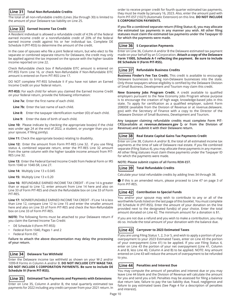 Instructions for Form PIT-RES Delaware Individual Resident Income Tax Return - Delaware, Page 10