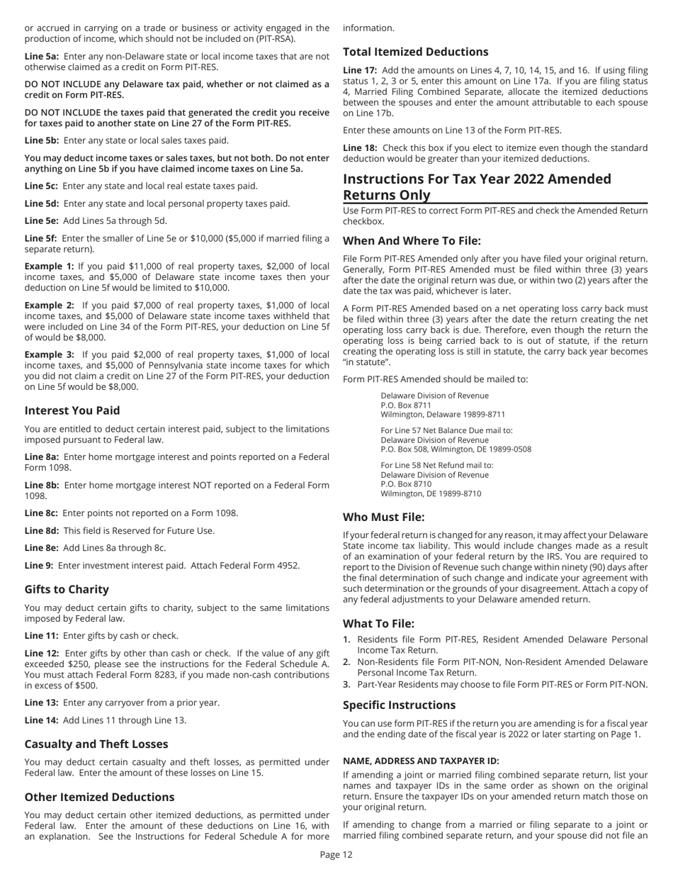 Instructions for Form PIT-RES Delaware Individual Resident Income Tax Return - Delaware, Page 12