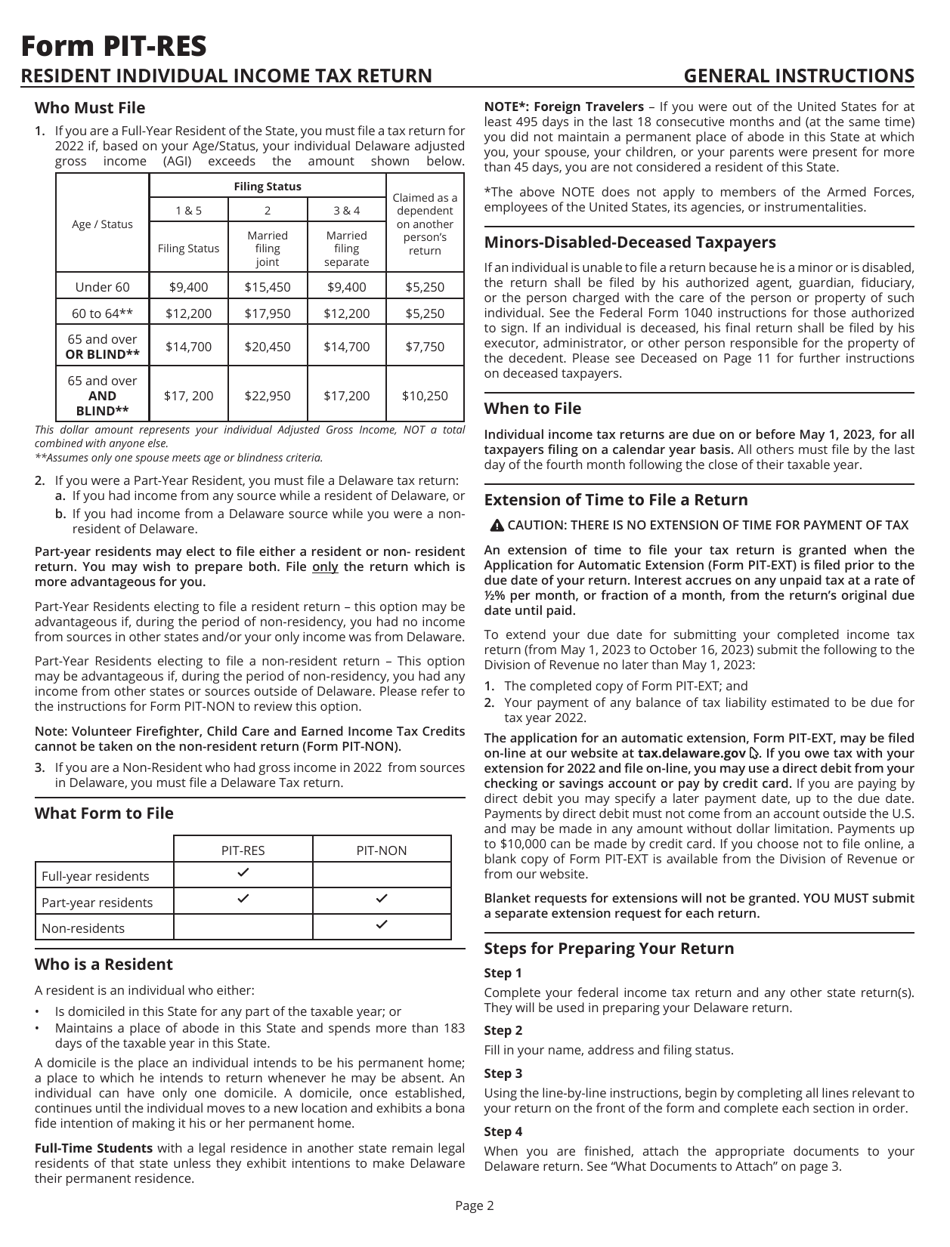 Instructions for Form PIT-RES Delaware Individual Resident Income Tax Return - Delaware, Page 2