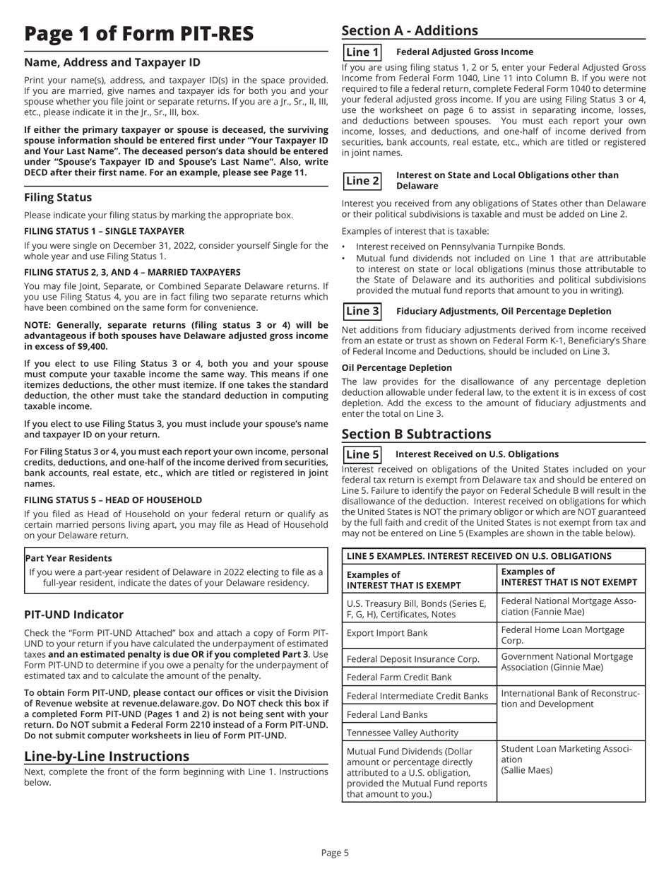 Instructions for Form PIT-RES Delaware Individual Resident Income Tax Return - Delaware, Page 5