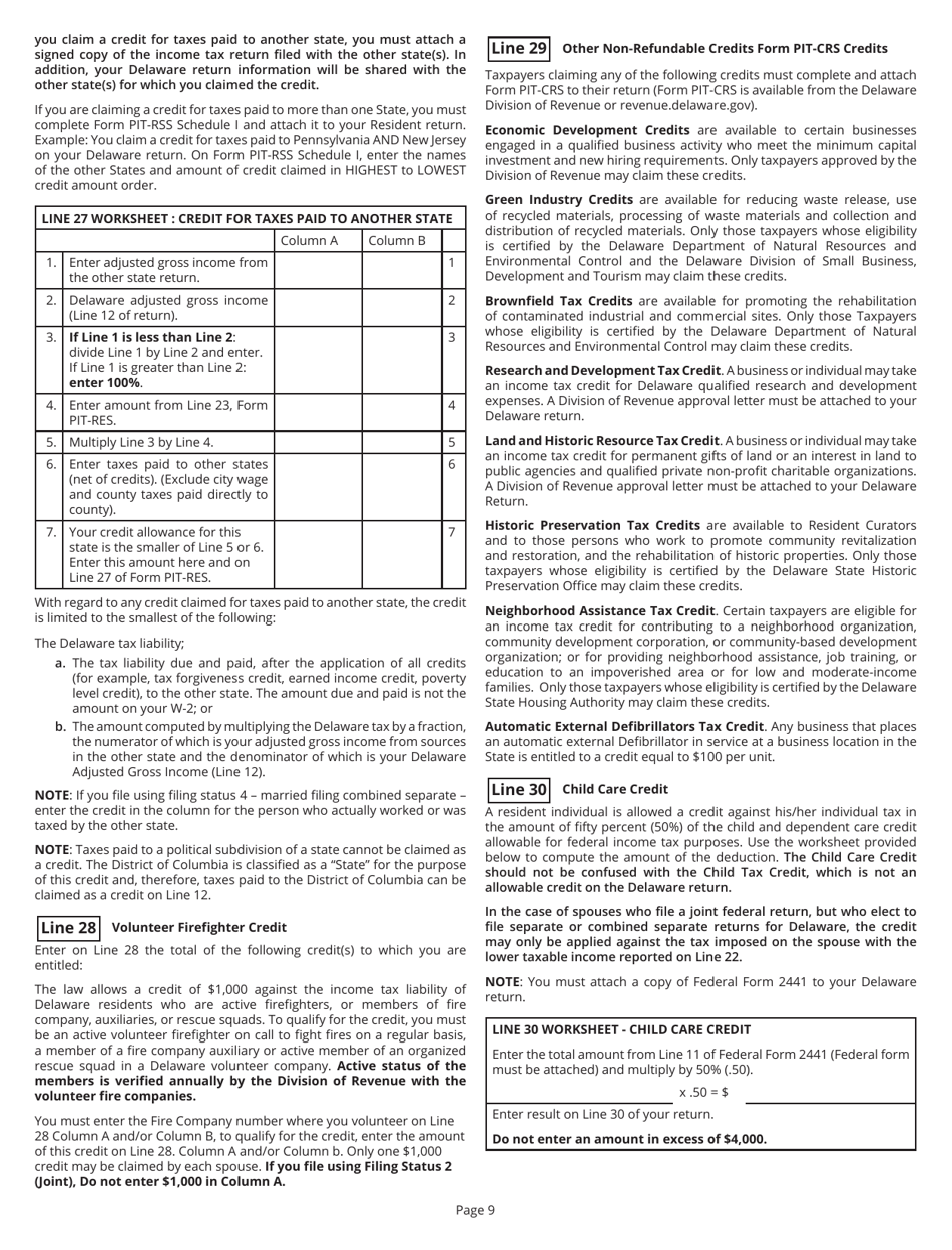 Instructions for Form PIT-RES Delaware Individual Resident Income Tax Return - Delaware, Page 9