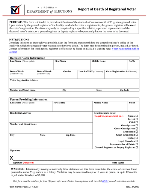 Form ELECT-427B Report of Death of Registered Voter - Virginia