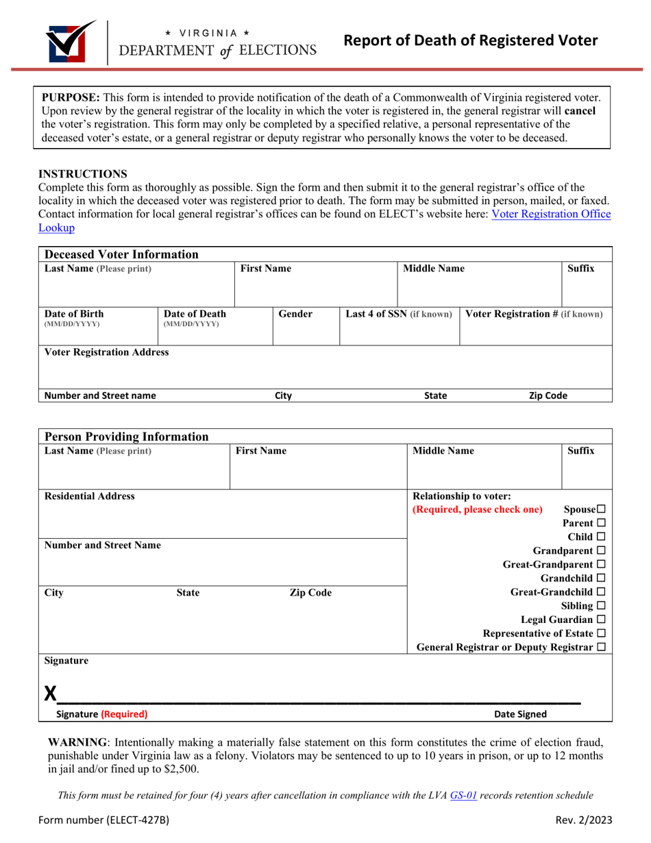 Form ELECT-427B Report of Death of Registered Voter - Virginia, Page 1