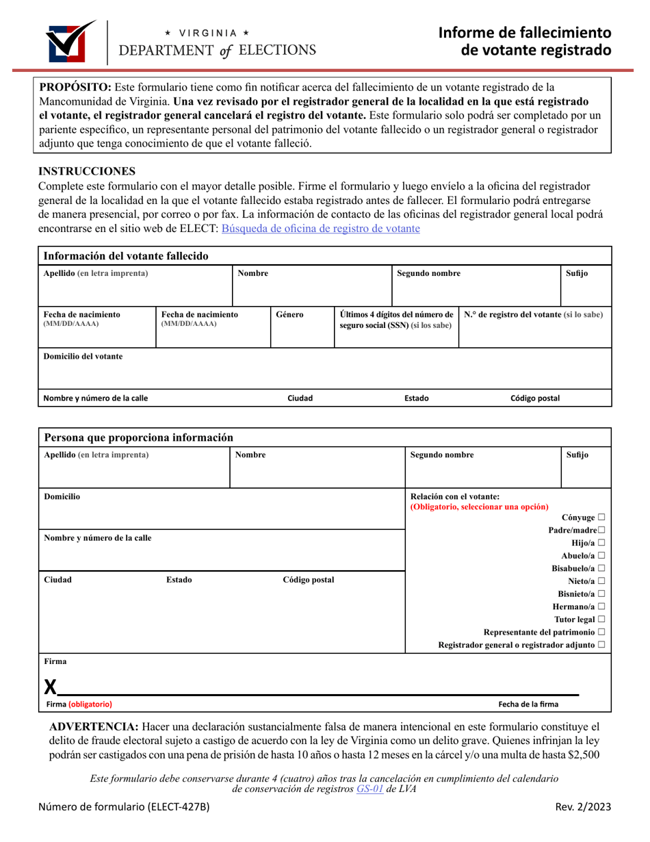 Formulario ELECT-427B Informe De Fallecimiento De Votante Registrado - Virginia (Spanish), Page 1