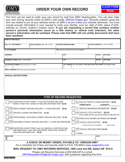 Form 735-7266 Order Your Own Record - Oregon