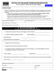 Document preview: Form 735-7372 Notice of Release From Incarceration (For Purposes of Obtaining Driving Privileges) - Oregon