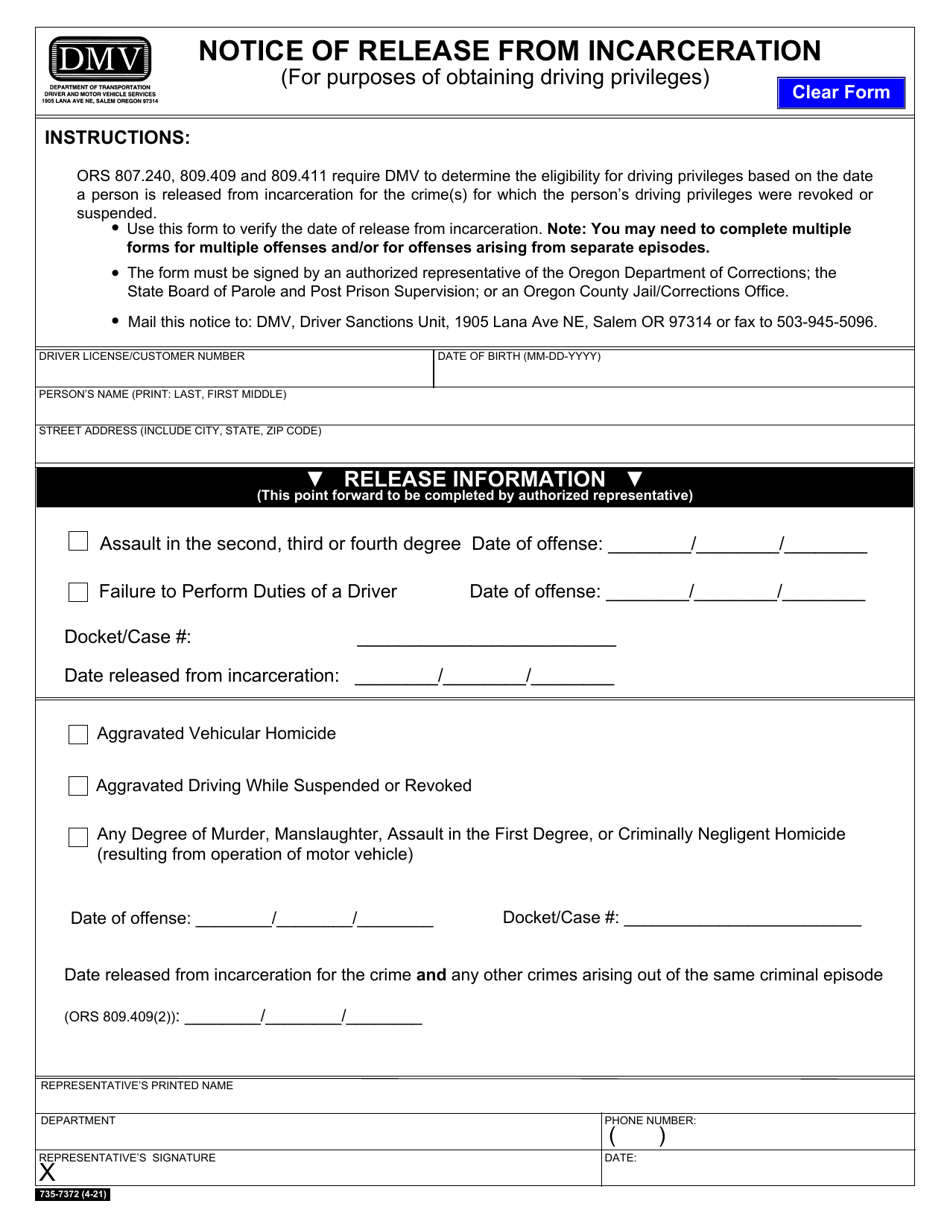 Form 735-7372 Notice of Release From Incarceration (For Purposes of Obtaining Driving Privileges) - Oregon, Page 1