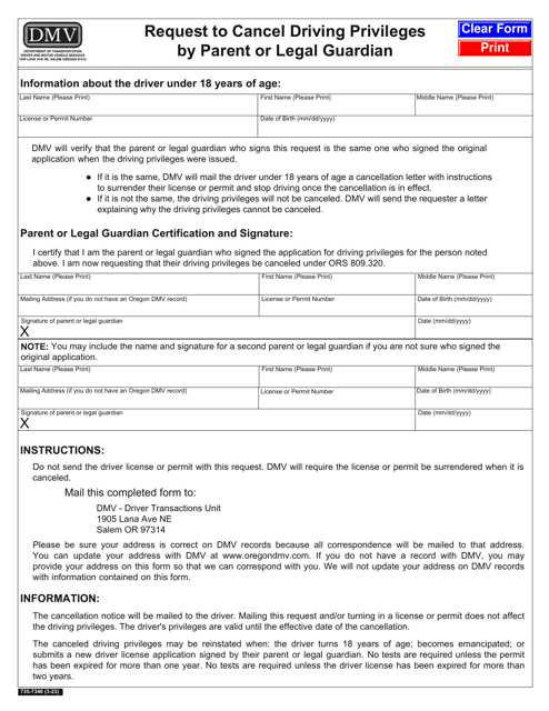 Form 735-7340 Request to Cancel Driving Privileges by Parent or Legal Guardian - Oregon