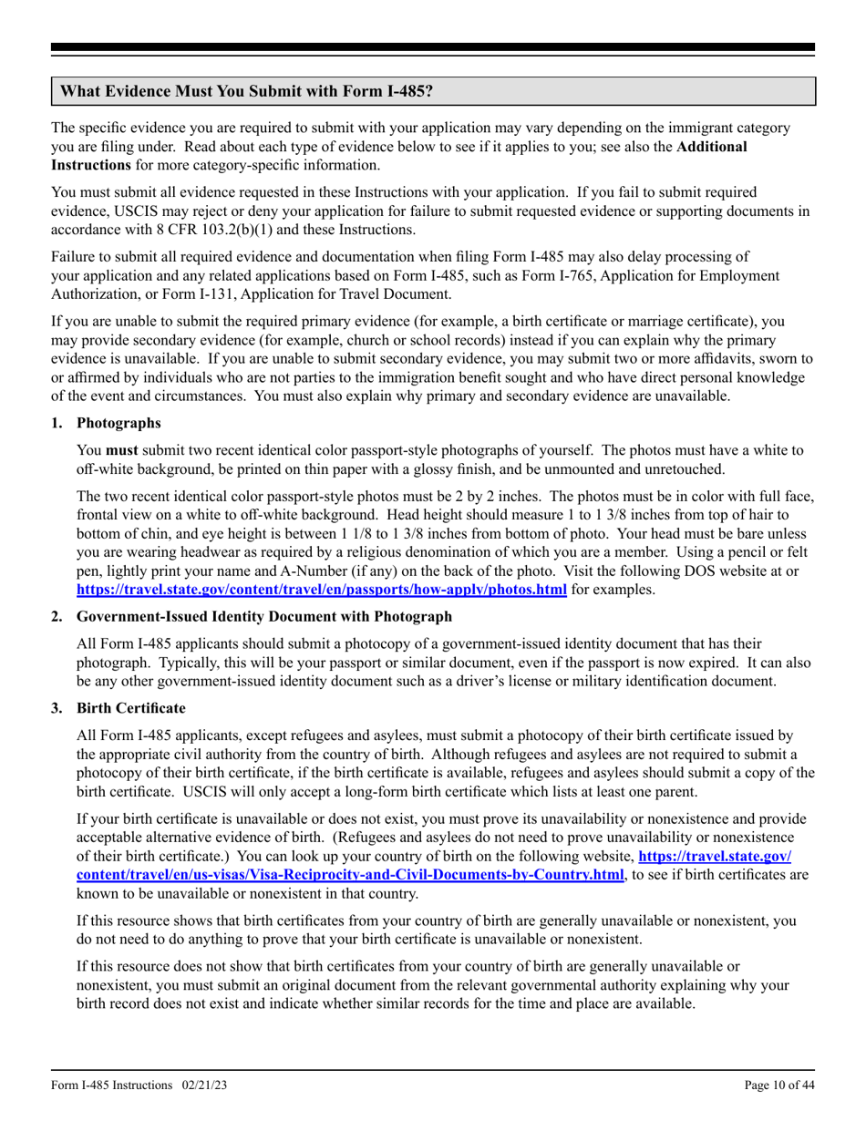 Instructions for USCIS Form I-485 Application to Register Permanent Residence or Adjust Status, Page 10