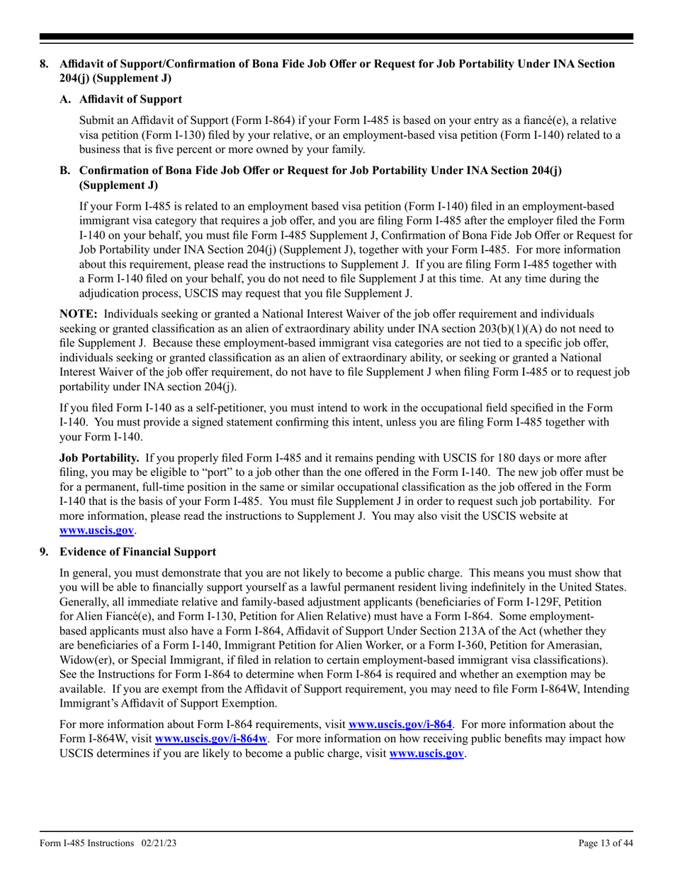 Instructions for USCIS Form I-485 Application to Register Permanent Residence or Adjust Status, Page 13