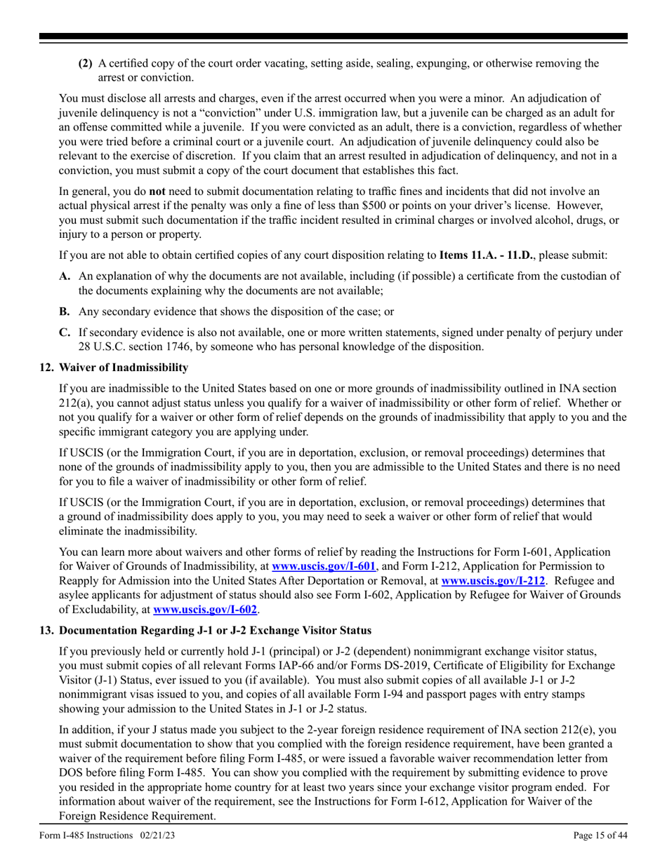 Instructions for USCIS Form I-485 Application to Register Permanent Residence or Adjust Status, Page 15