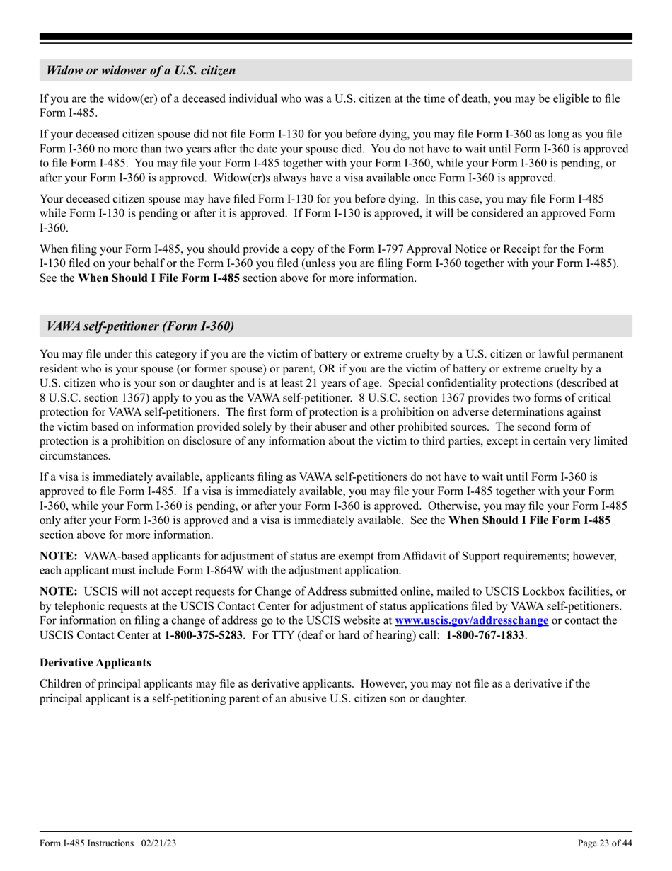 Instructions for USCIS Form I-485 Application to Register Permanent Residence or Adjust Status, Page 23