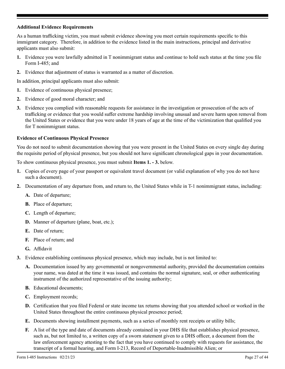 Instructions for USCIS Form I-485 Application to Register Permanent Residence or Adjust Status, Page 27