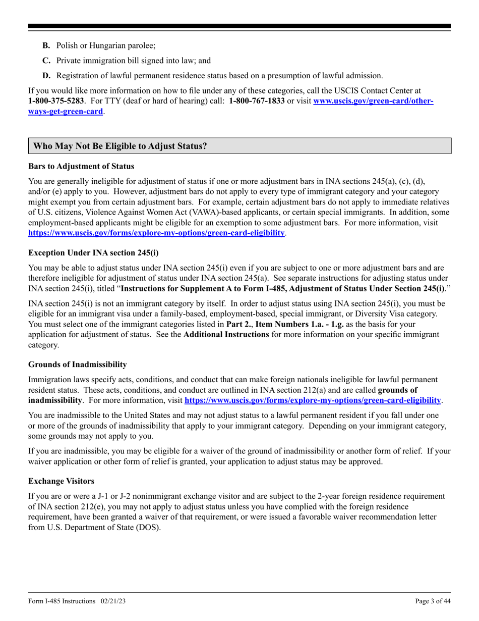 Instructions for USCIS Form I-485 Application to Register Permanent Residence or Adjust Status, Page 3