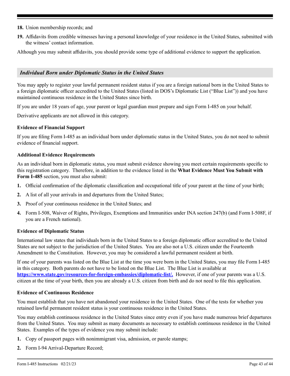 Instructions for USCIS Form I-485 Application to Register Permanent Residence or Adjust Status, Page 43