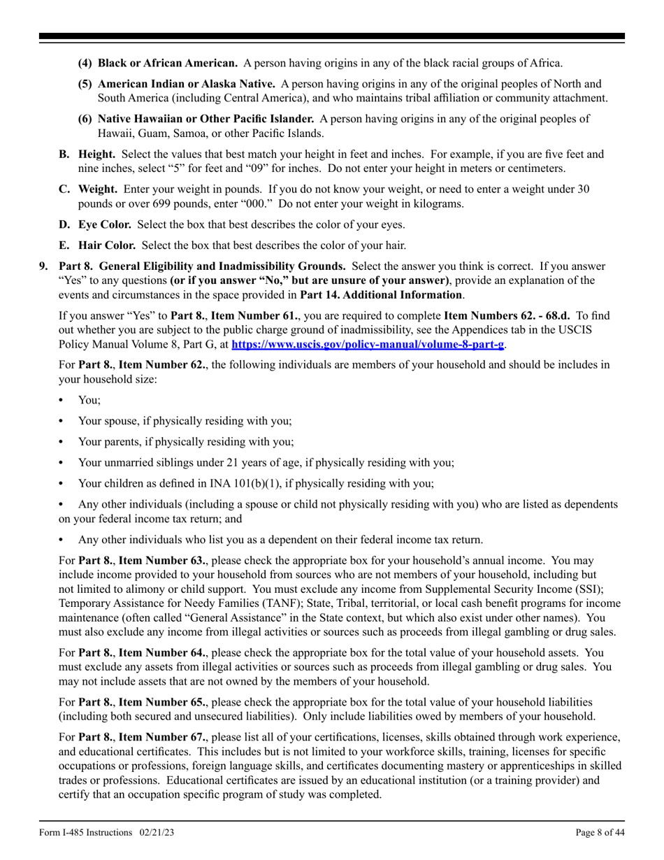 Instructions for USCIS Form I-485 Application to Register Permanent Residence or Adjust Status, Page 8