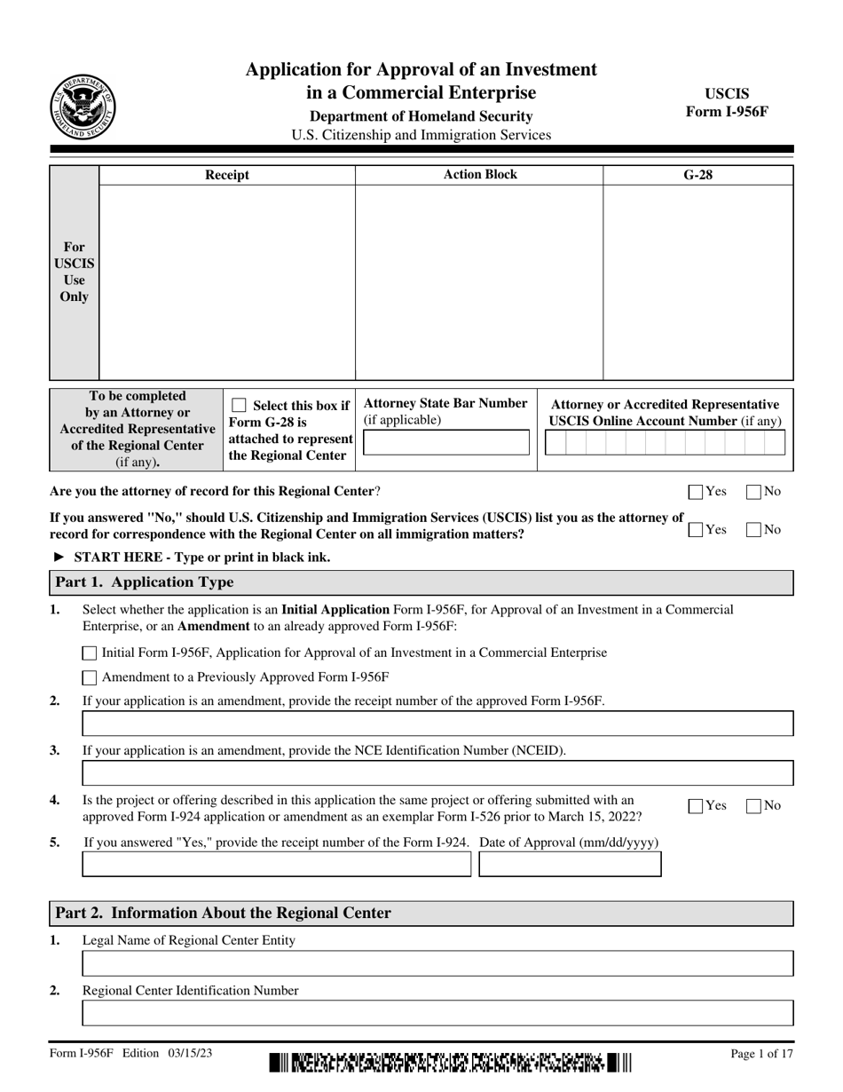 USCIS Form I-956F Application for Approval of an Investment in a Commercial Enterprise, Page 1