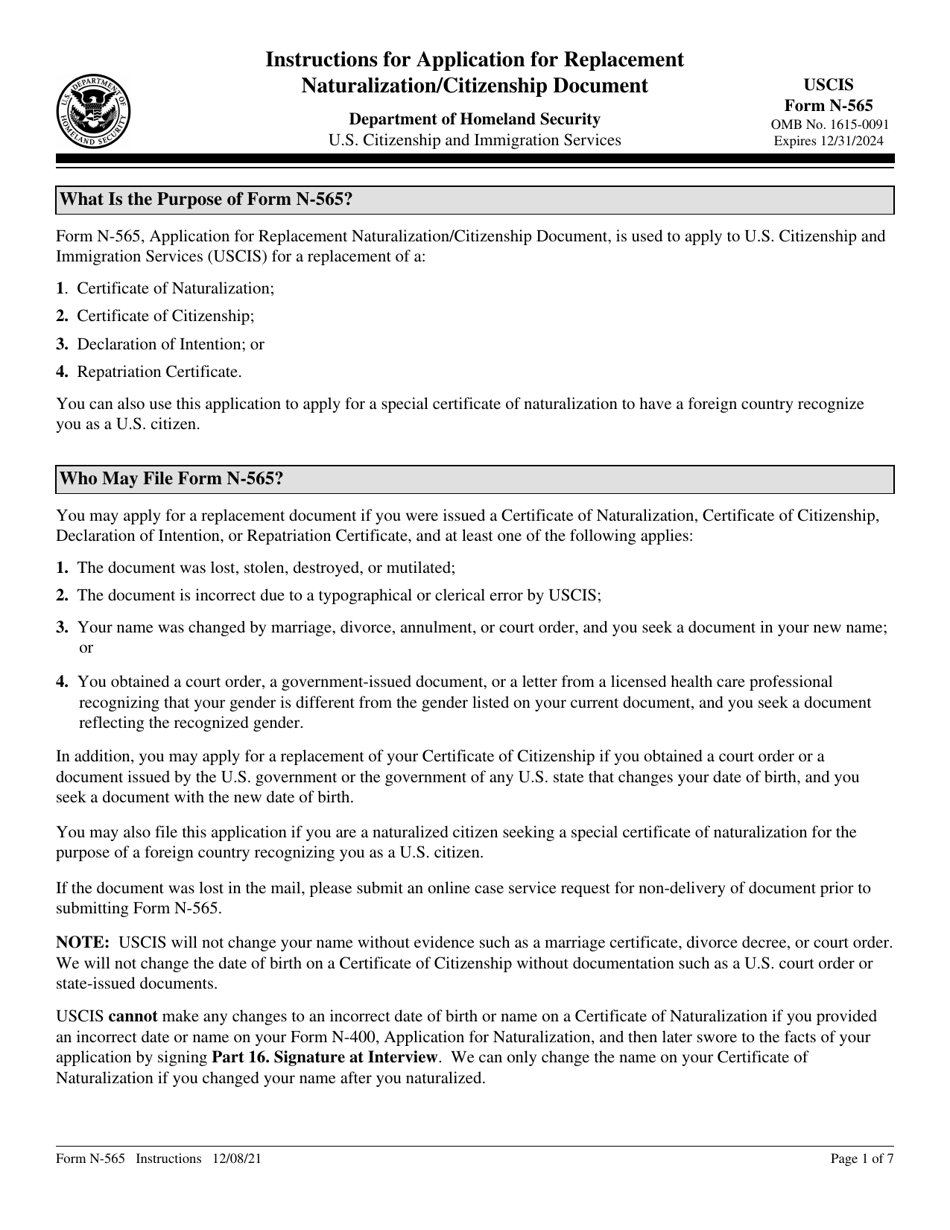 Download Instructions for USCIS Form N565 Application for Replacement