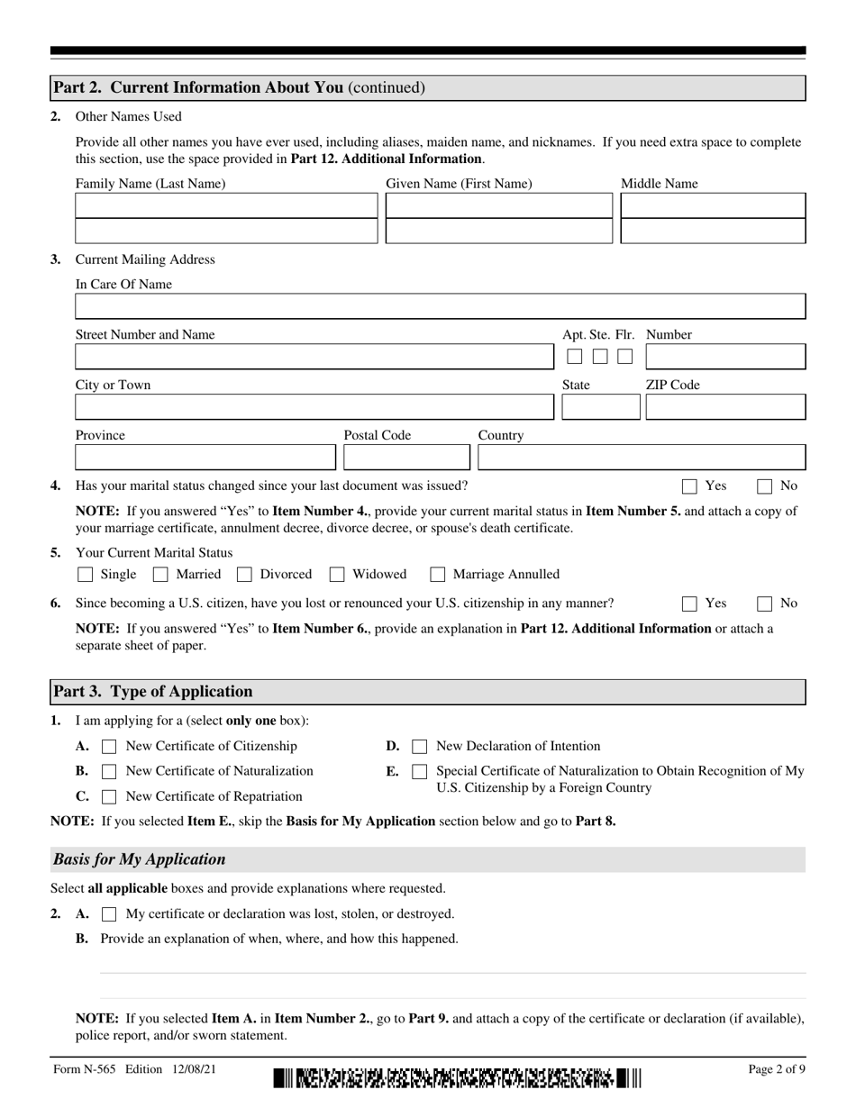 USCIS Form N-565 Application for Replacement Naturalization / Citizenship Document, Page 2