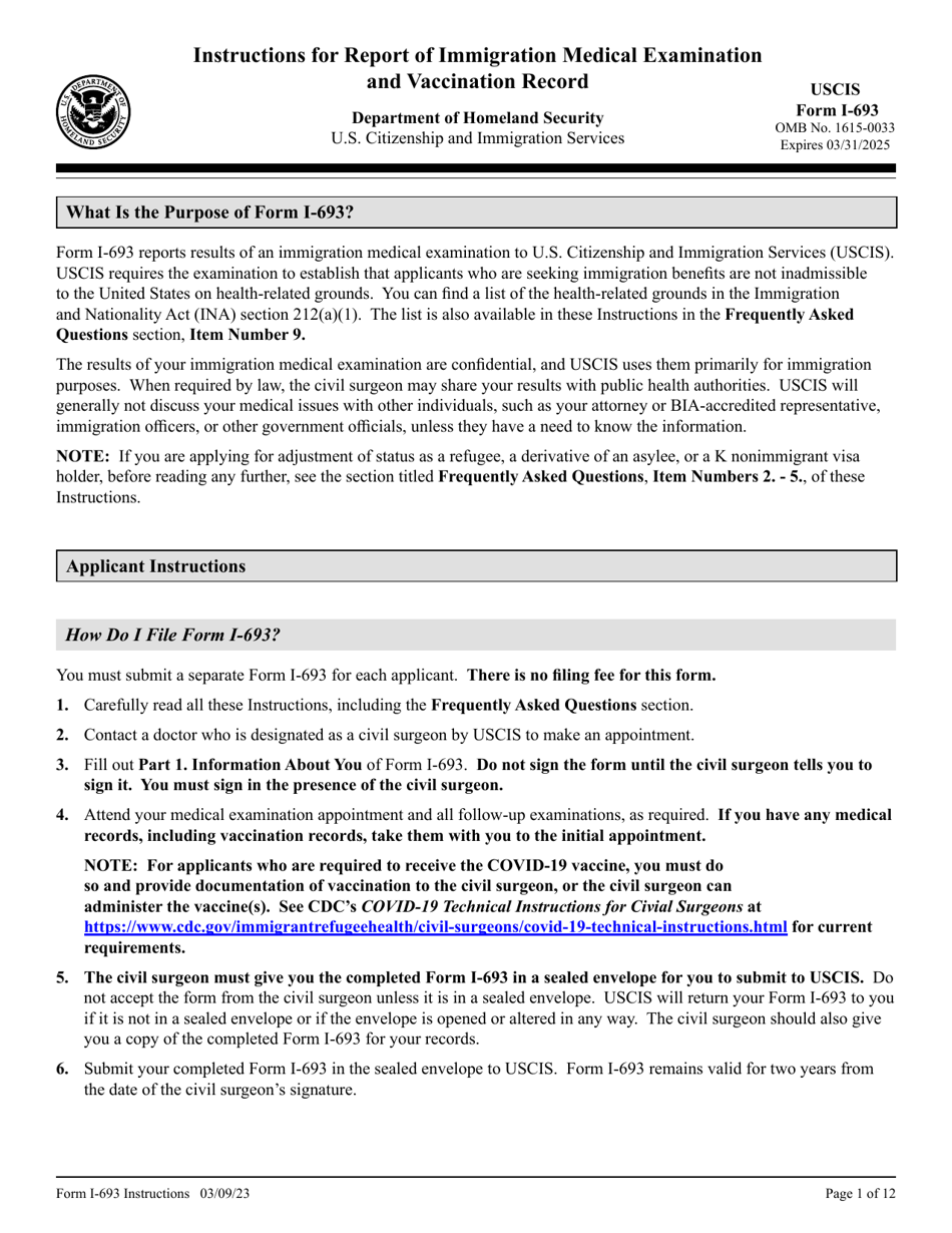 Instructions for USCIS Form I-693 Report of Immigration Medical Examination and Vaccination Record, Page 1