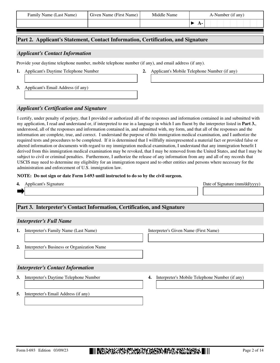 USCIS Form I693 Download Fillable PDF or Fill Online Report of