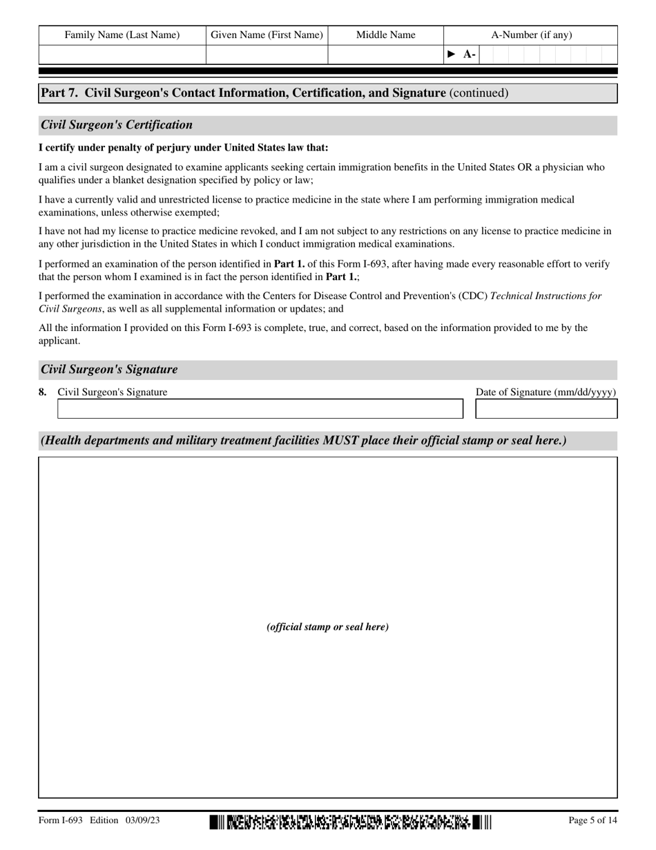 USCIS Form I693 Download Fillable PDF or Fill Online Report of