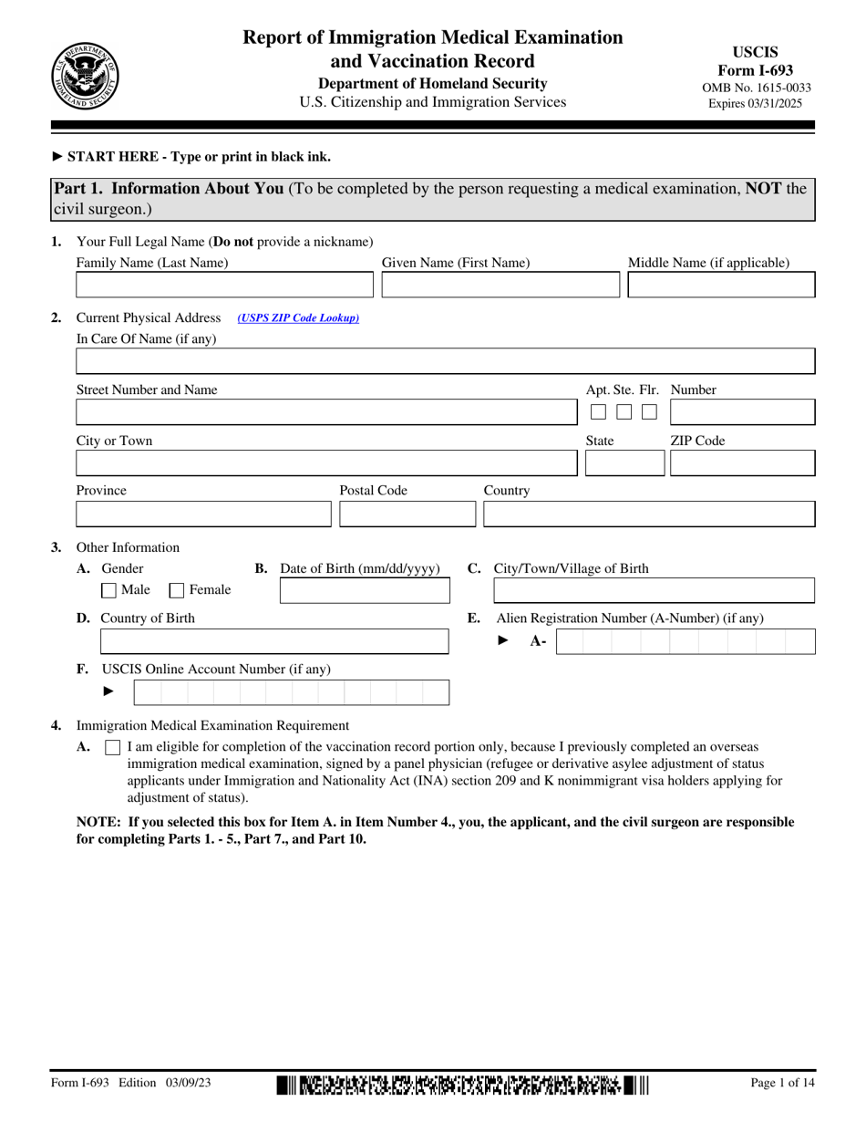 USCIS Form I693 Download Fillable PDF or Fill Online Report of