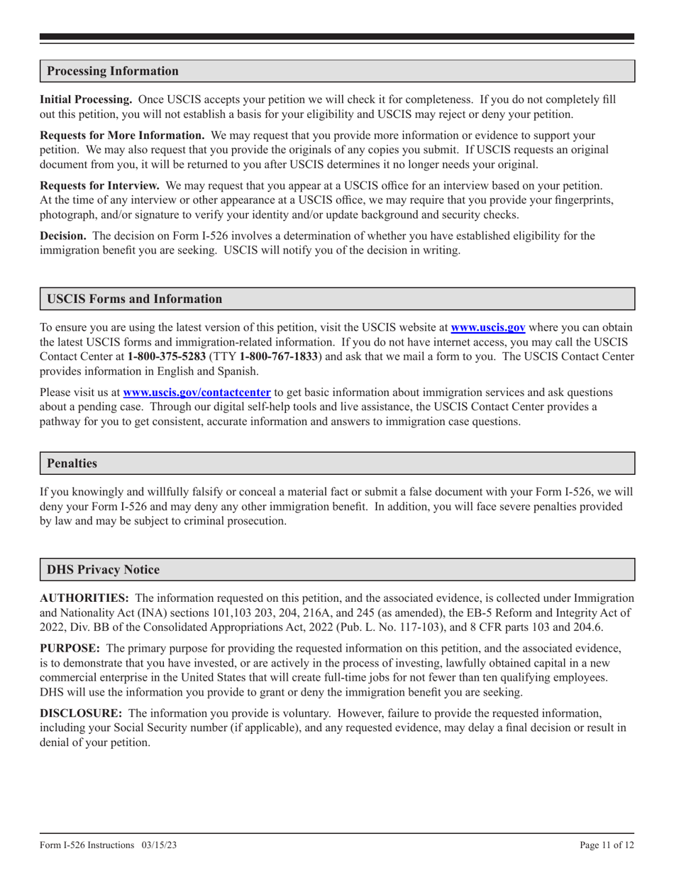 Instructions for USCIS Form I-526 Immigrant Petition by Standalone Investor, Page 11