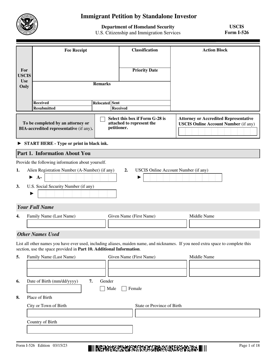 USCIS Form I-526 Immigrant Petition by Standalone Investor, Page 1