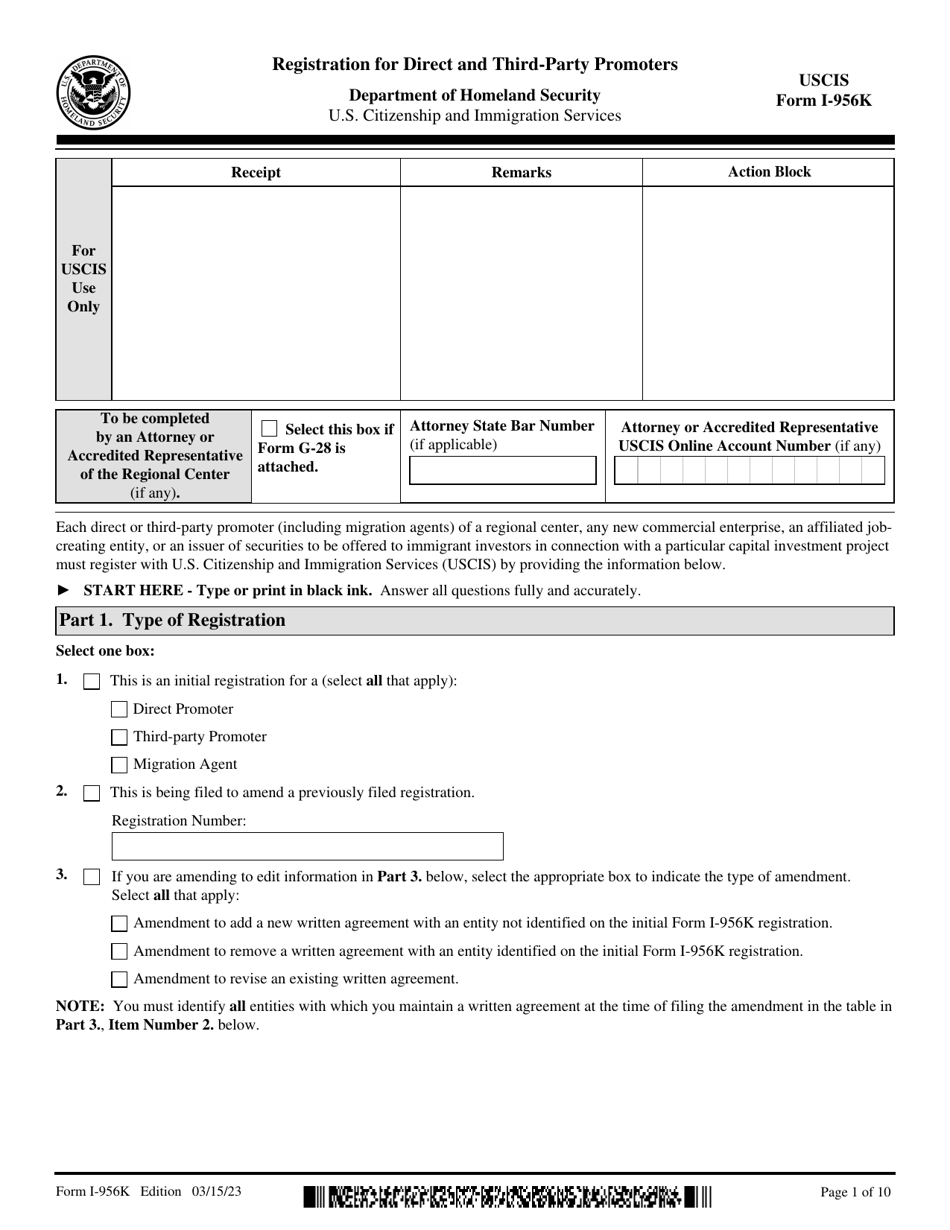 USCIS Form I-956K Registration for Direct and Third-Party Promoters, Page 1