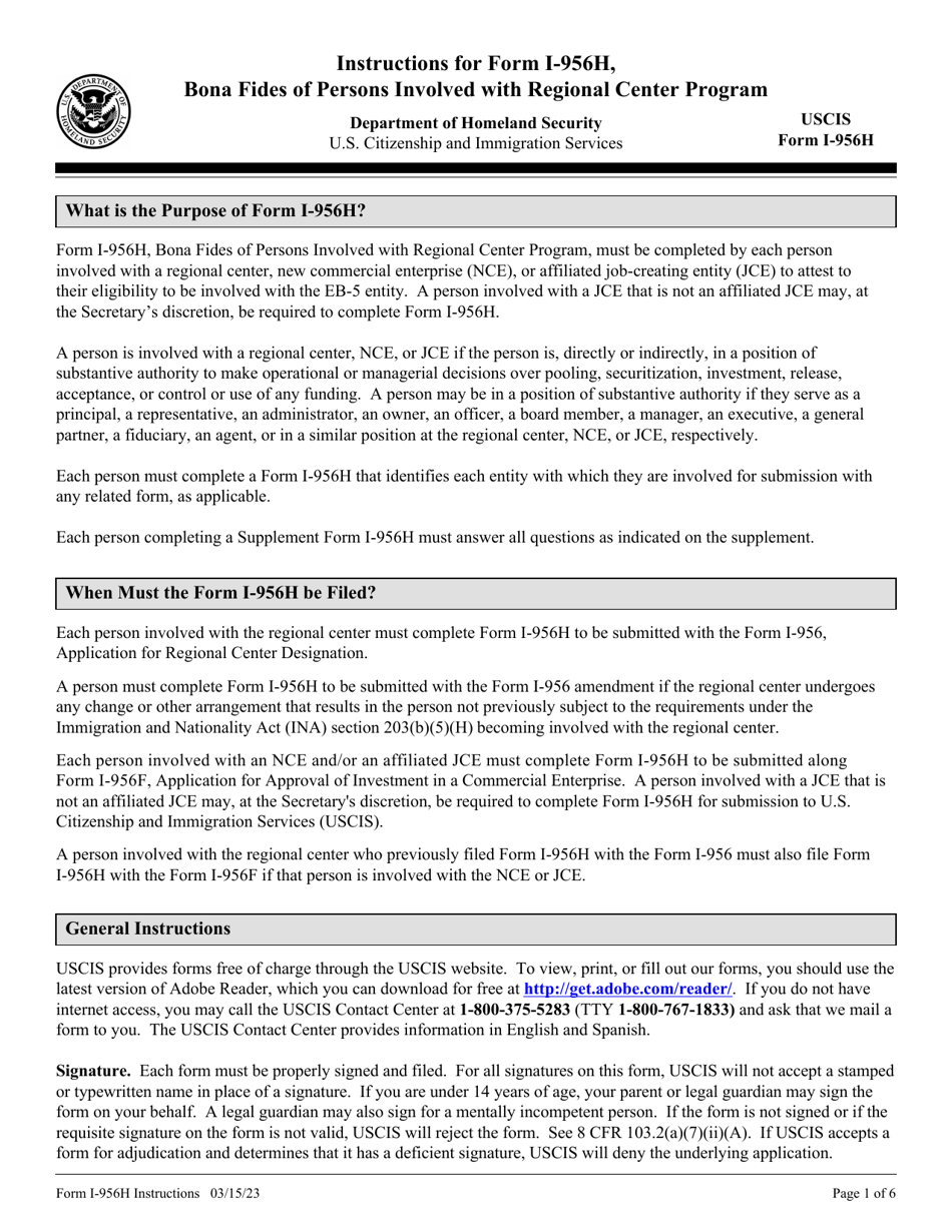 Instructions for USCIS Form I-956H Bona Fides of Persons Involved With Regional Center Program, Page 1