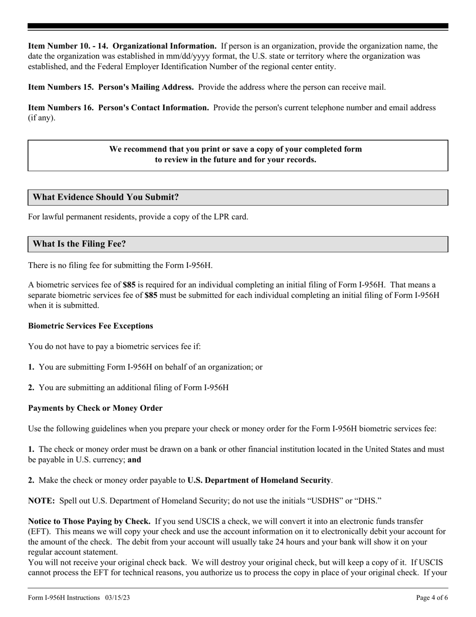Instructions for USCIS Form I-956H Bona Fides of Persons Involved With Regional Center Program, Page 4