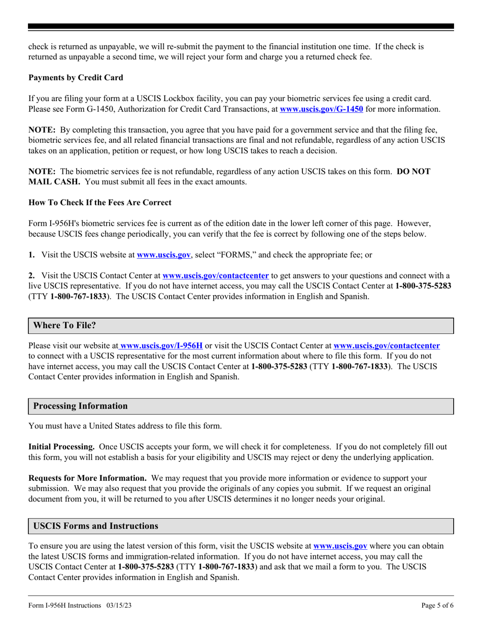 Instructions for USCIS Form I-956H Bona Fides of Persons Involved With Regional Center Program, Page 5