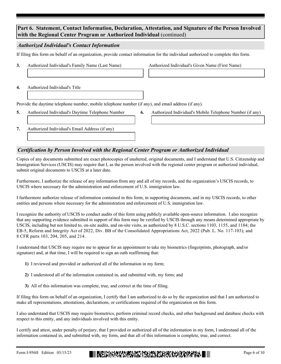 USCIS Form I-956H Bona Fides of Persons Involved With Regional Center Program, Page 6