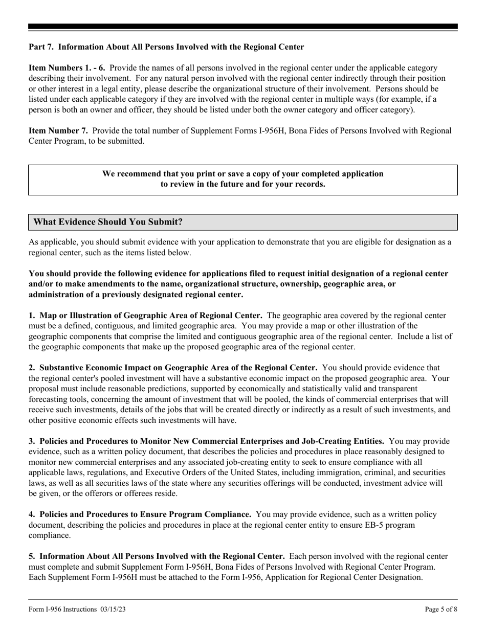 Instructions for USCIS Form I-956 Application for Regional Center Designation, Page 5