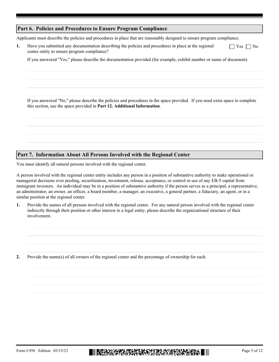 USCIS Form I-956 Application for Regional Center Designation, Page 5