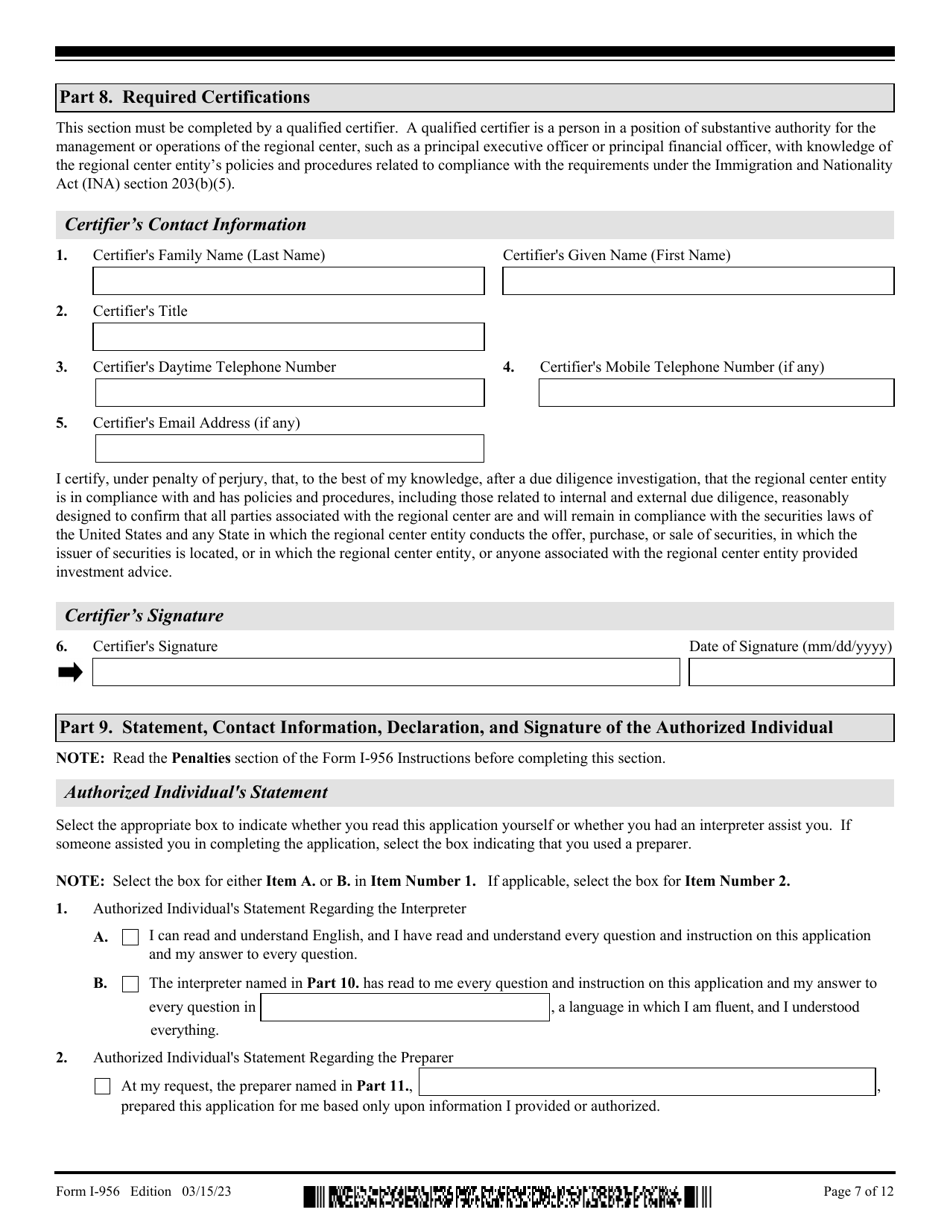 USCIS Form I-956 Download Fillable PDF or Fill Online Application for ...