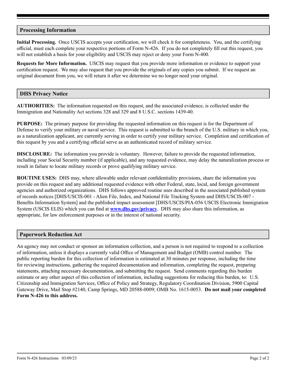 Instructions for Form N-426 Request for Certification of Military or Naval Service, Page 2