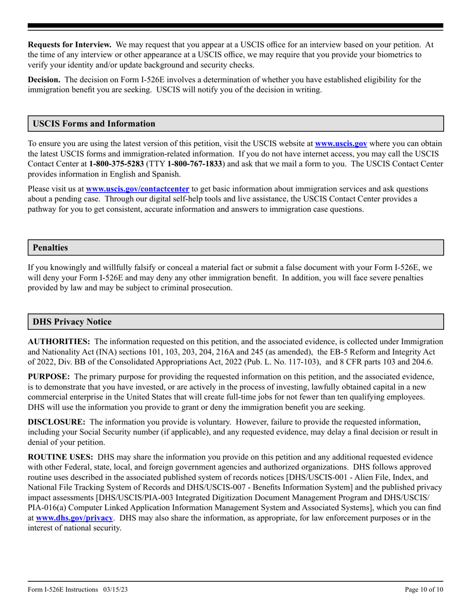 Instructions for USCIS Form I-526E Petition by Regional Center Investor, Page 10