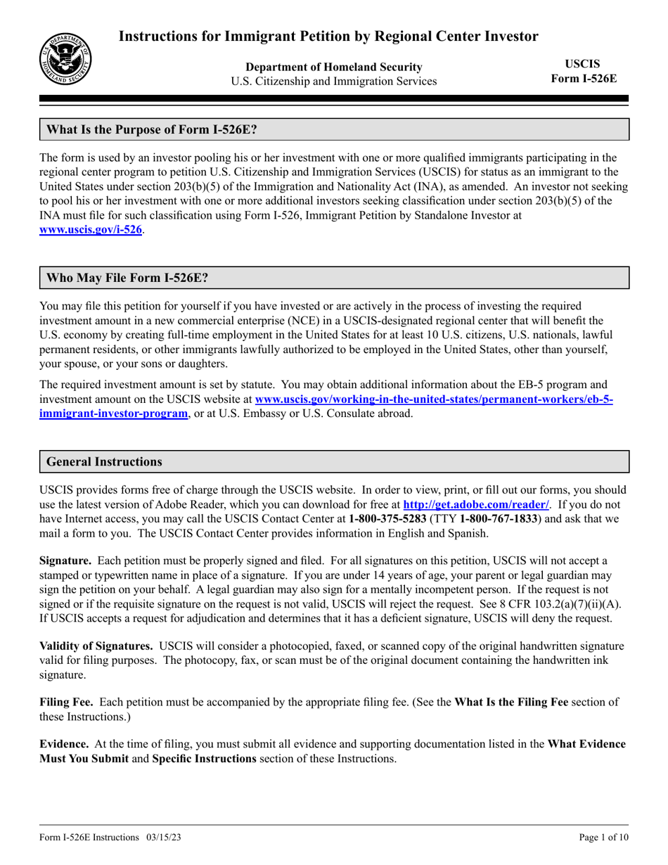 Instructions for USCIS Form I-526E Petition by Regional Center Investor, Page 1