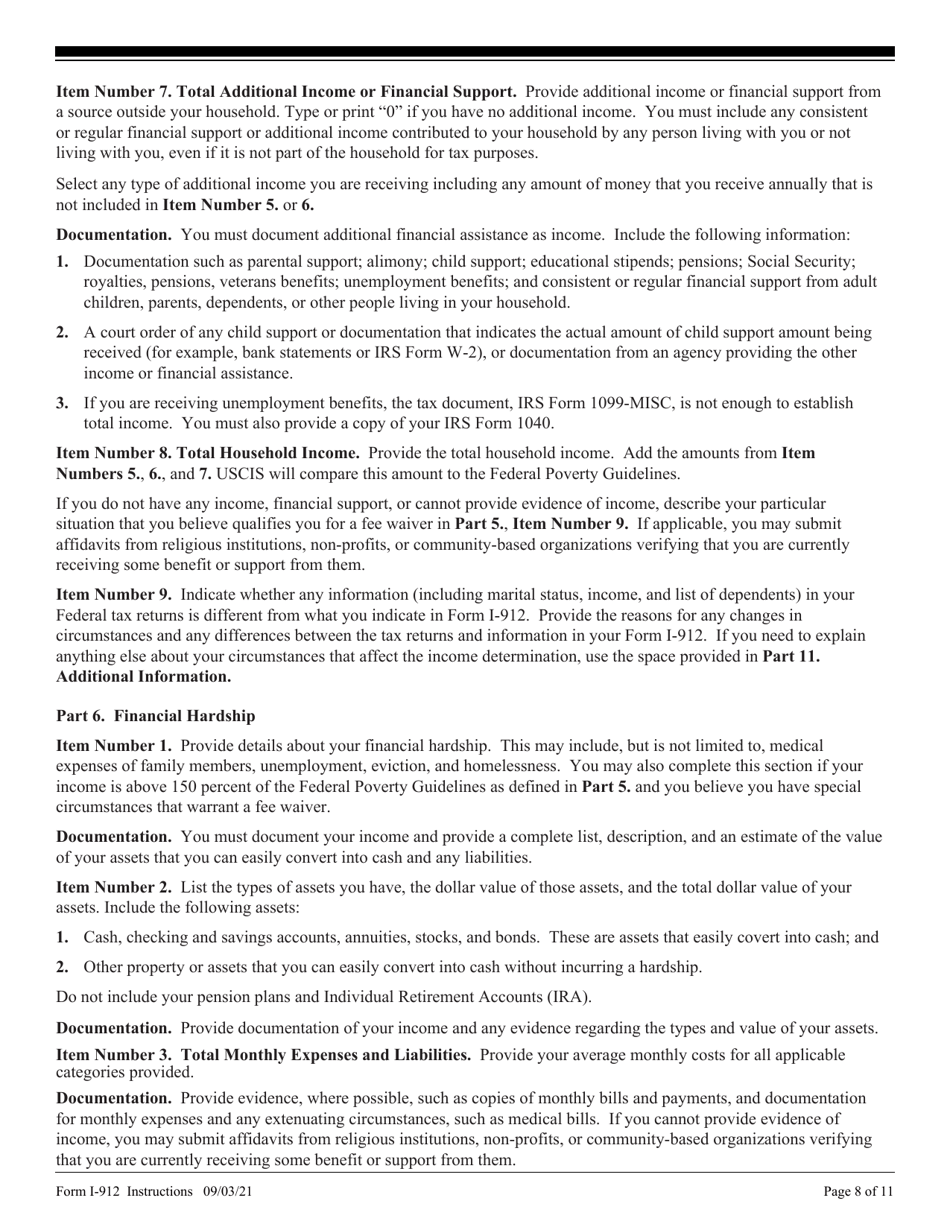 Instructions for USCIS Form I-912 Request for Fee Waiver, Page 8
