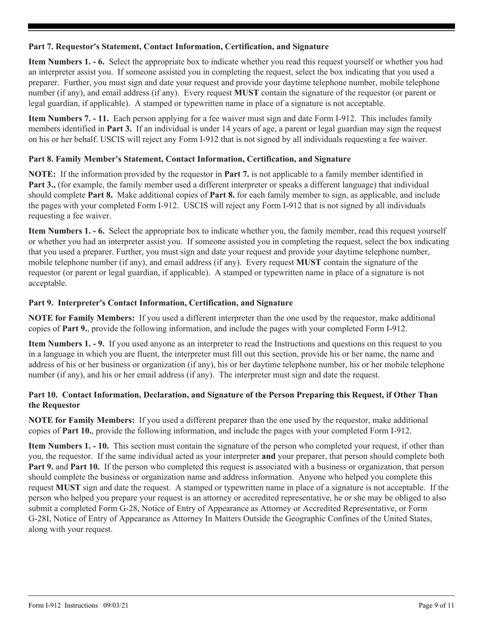 Instructions for USCIS Form I-912 Request for Fee Waiver, Page 9