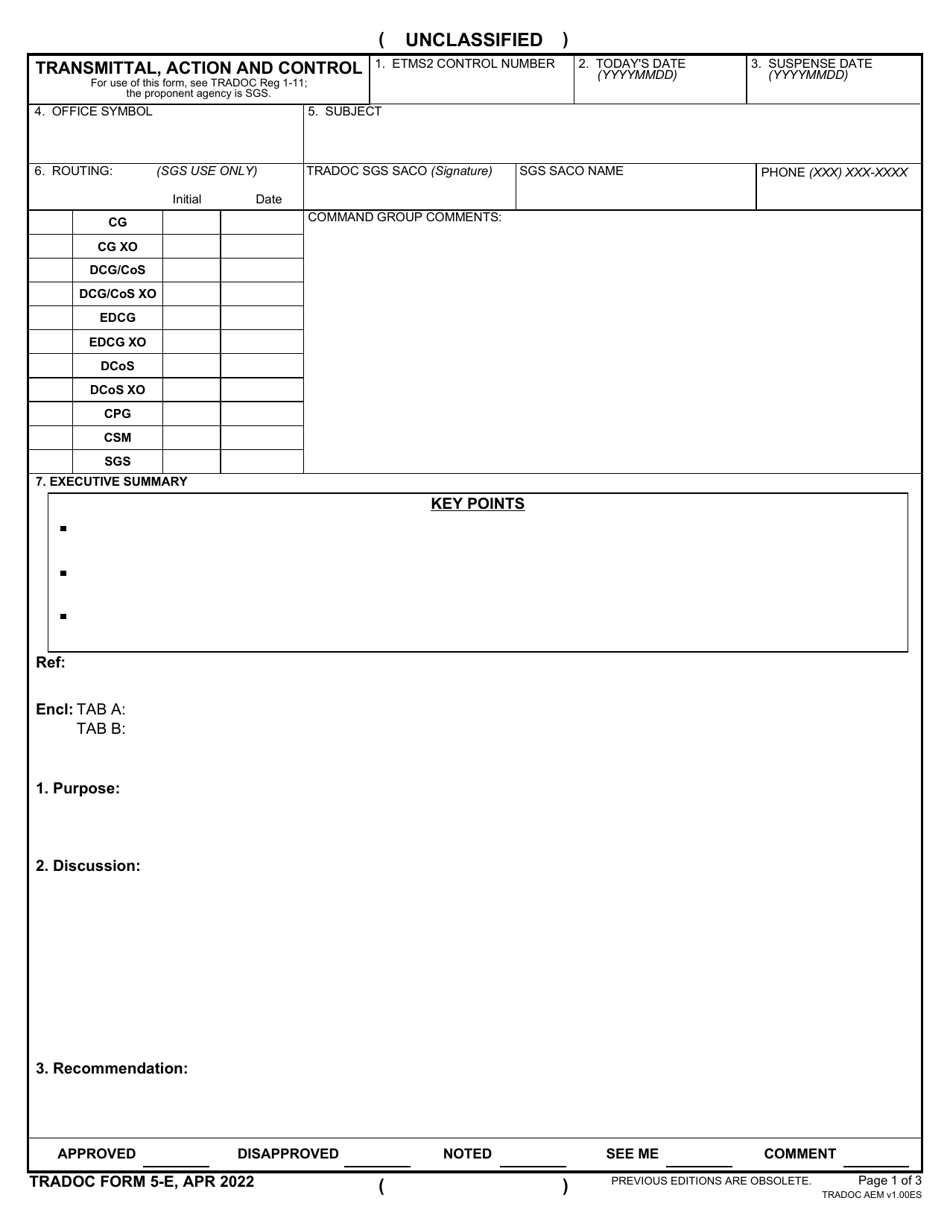 TRADOC Form 5-E Transmittal, Action and Control, Page 1
