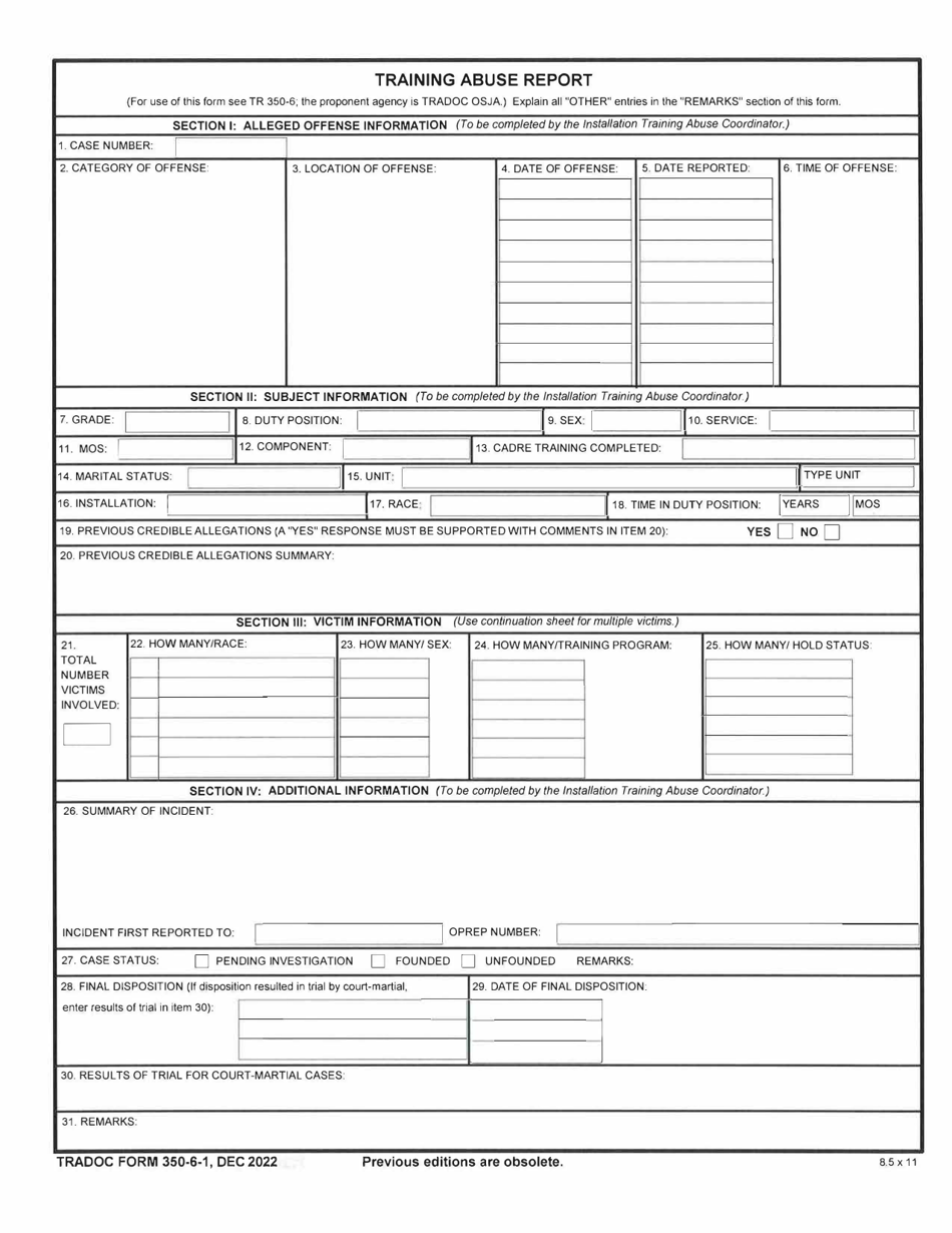 TRADOC Form 350-6-1 Training Abuse Report, Page 1