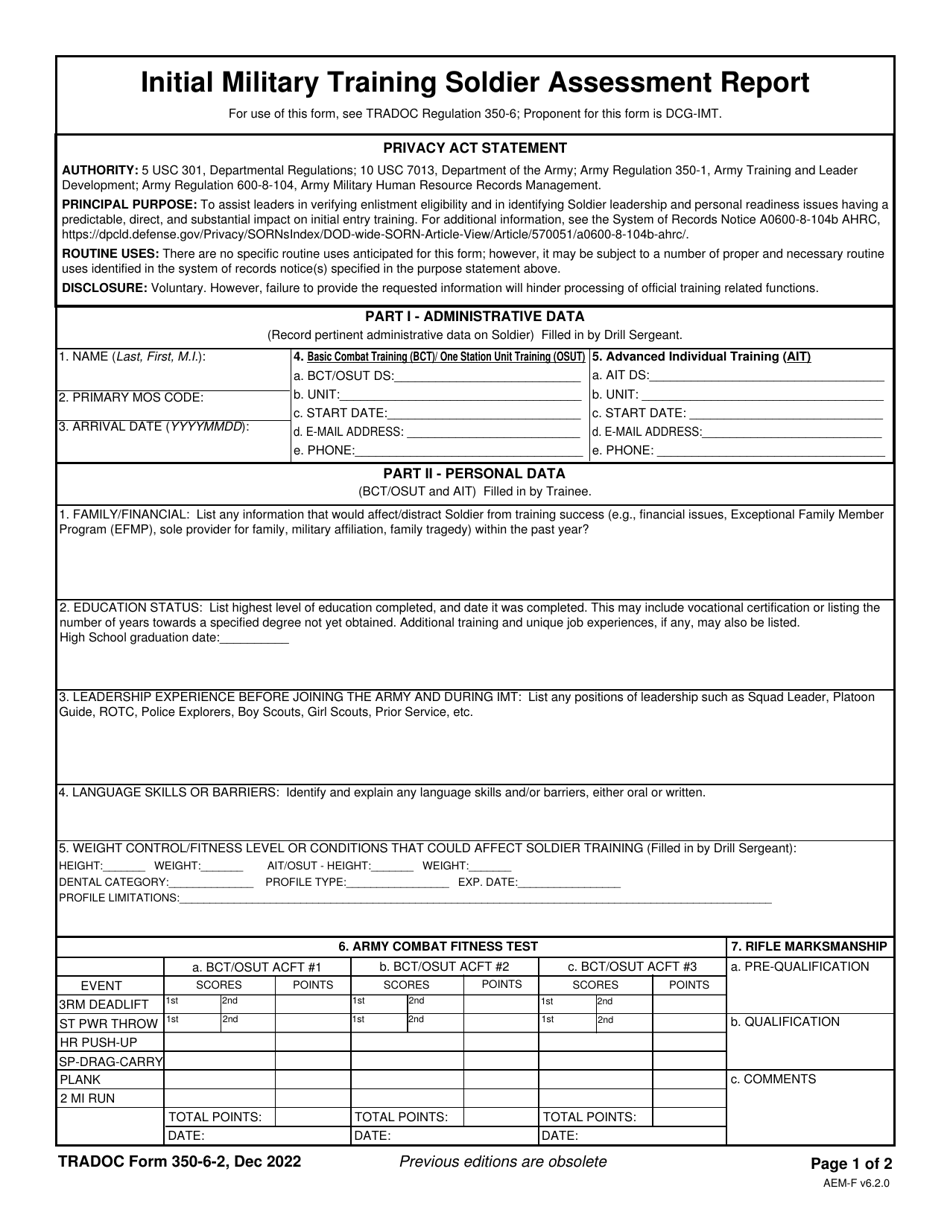TRADOC Form 350-6-2 Initial Military Training Soldier Assessment Report, Page 1