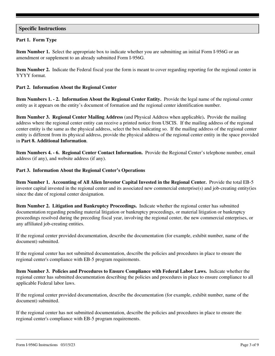 Instructions for USCIS Form I-956G Regional Center Annual Statement, Page 3