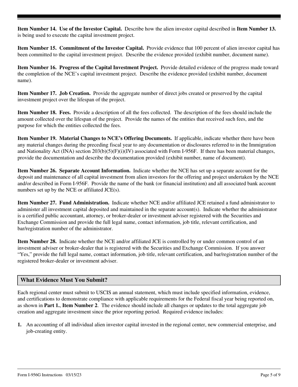 Instructions for USCIS Form I-956G Regional Center Annual Statement, Page 5